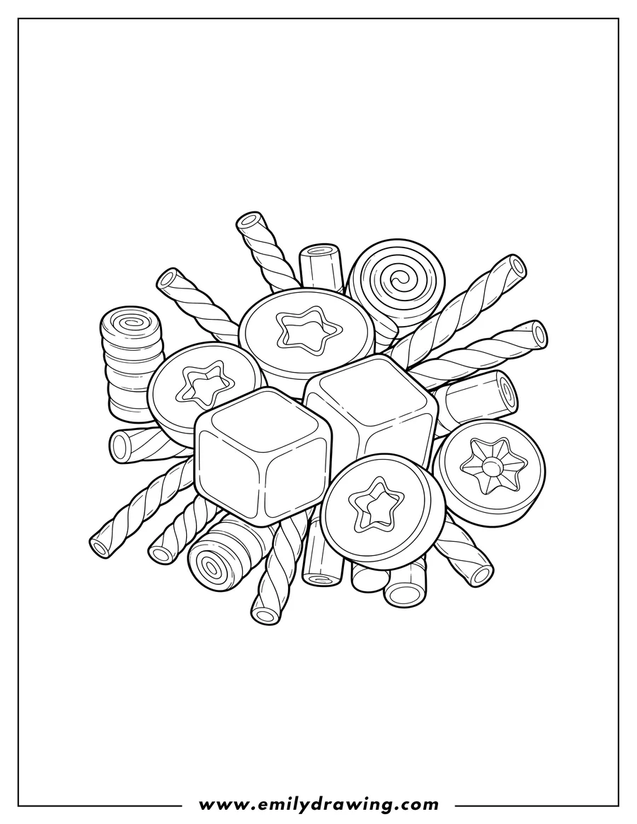 Full page coloring image of assorted Licorice blocks, discs, and tubes