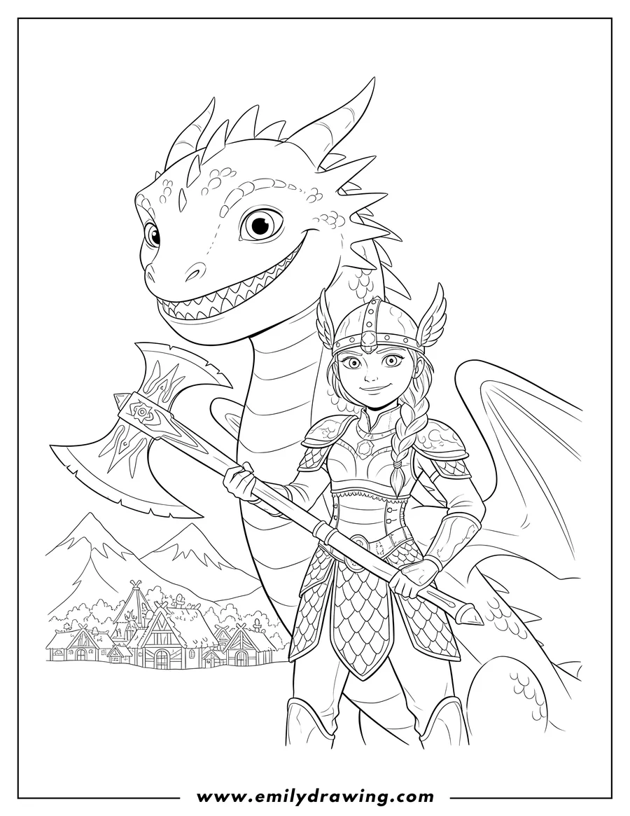 Downloadable coloring page of astrid With Stormfly, with the dragon's smiling head behind her