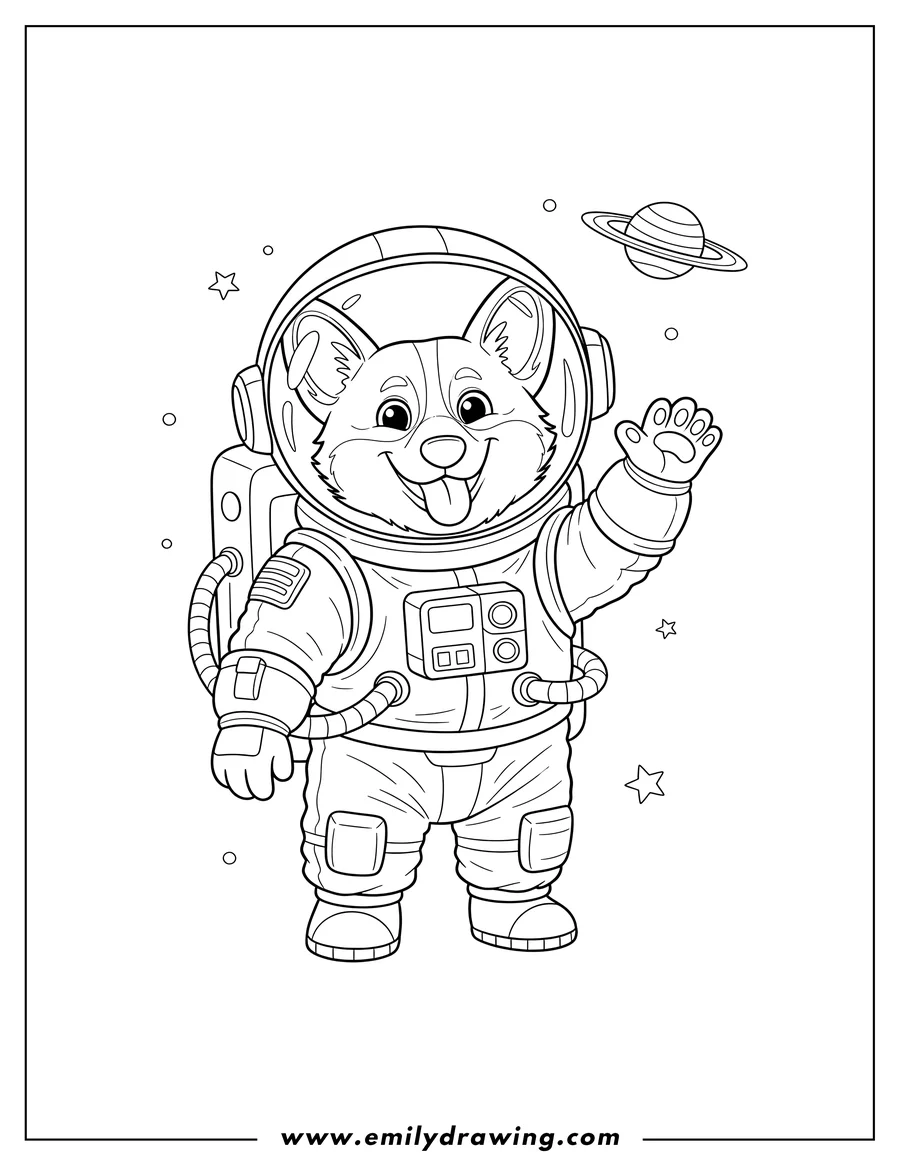 Clean line drawing: astronaut Corgi Waving, tongue out, wearing a space helmet
