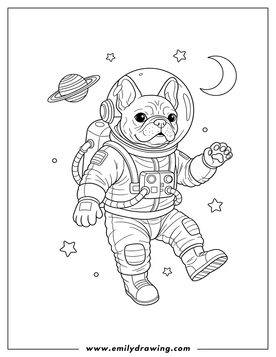 Linear illustration of astronaut French Bulldog in a spacesuit, floating in outer space