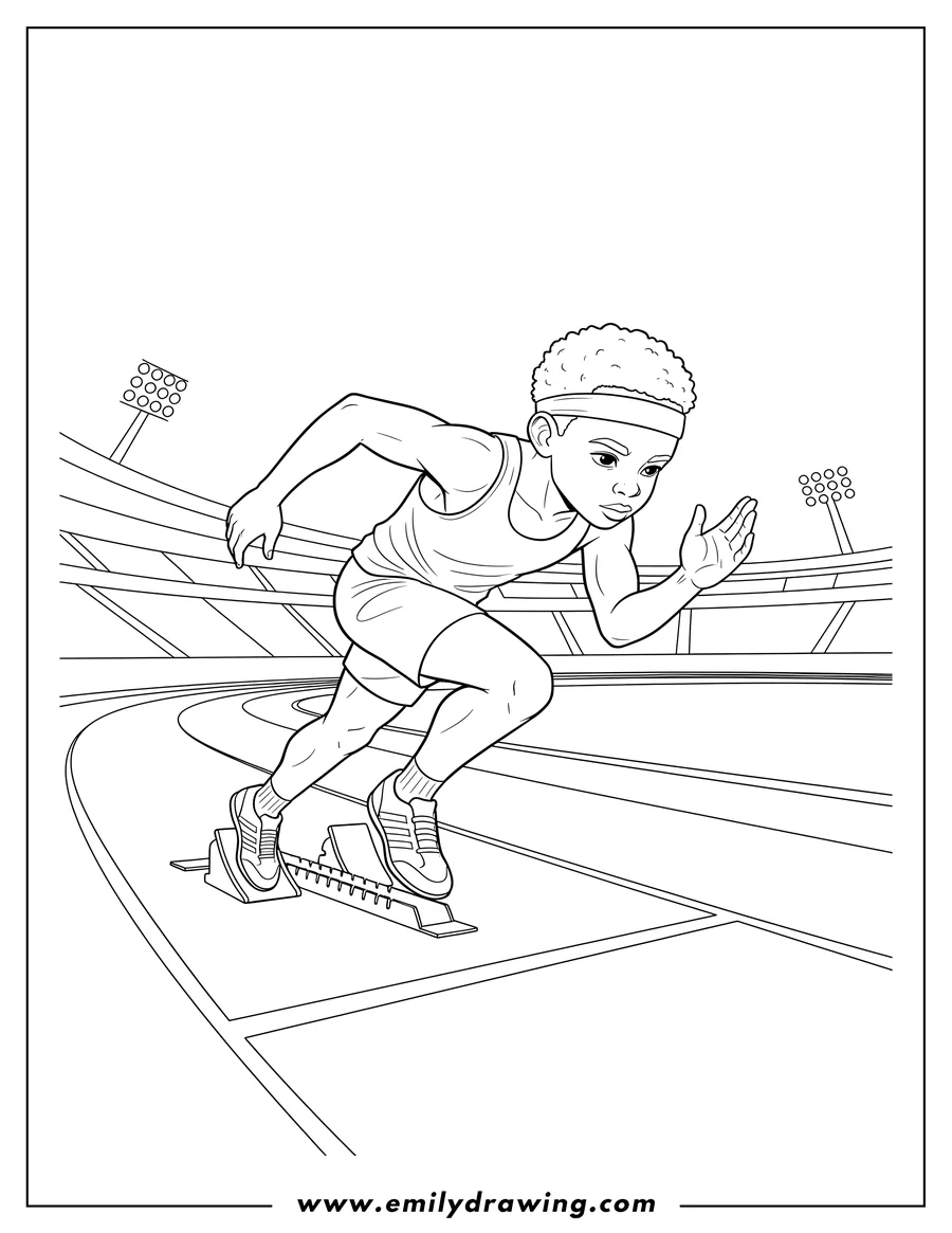 Downloadable coloring page of athletic Black Boy starting to run from starting blocks in a stadium