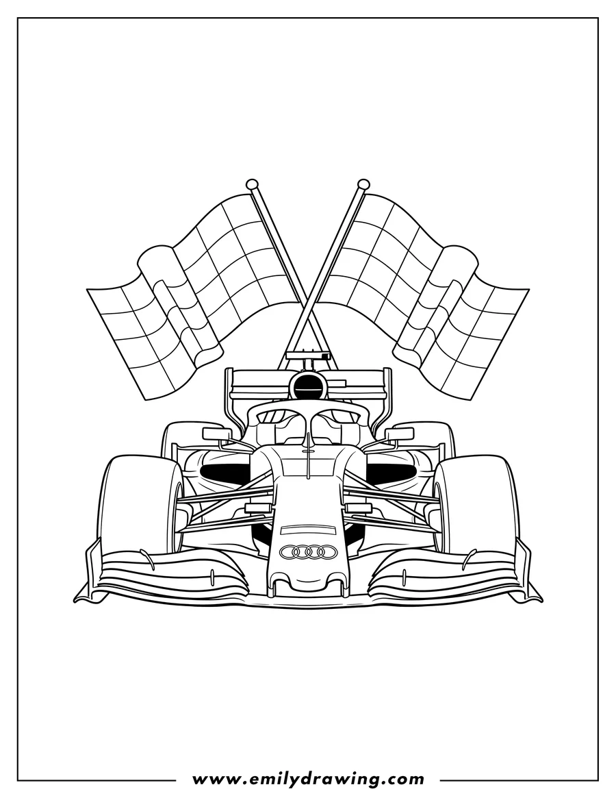 Vector style outline of front View Audi F1 Race Car with checkered flags