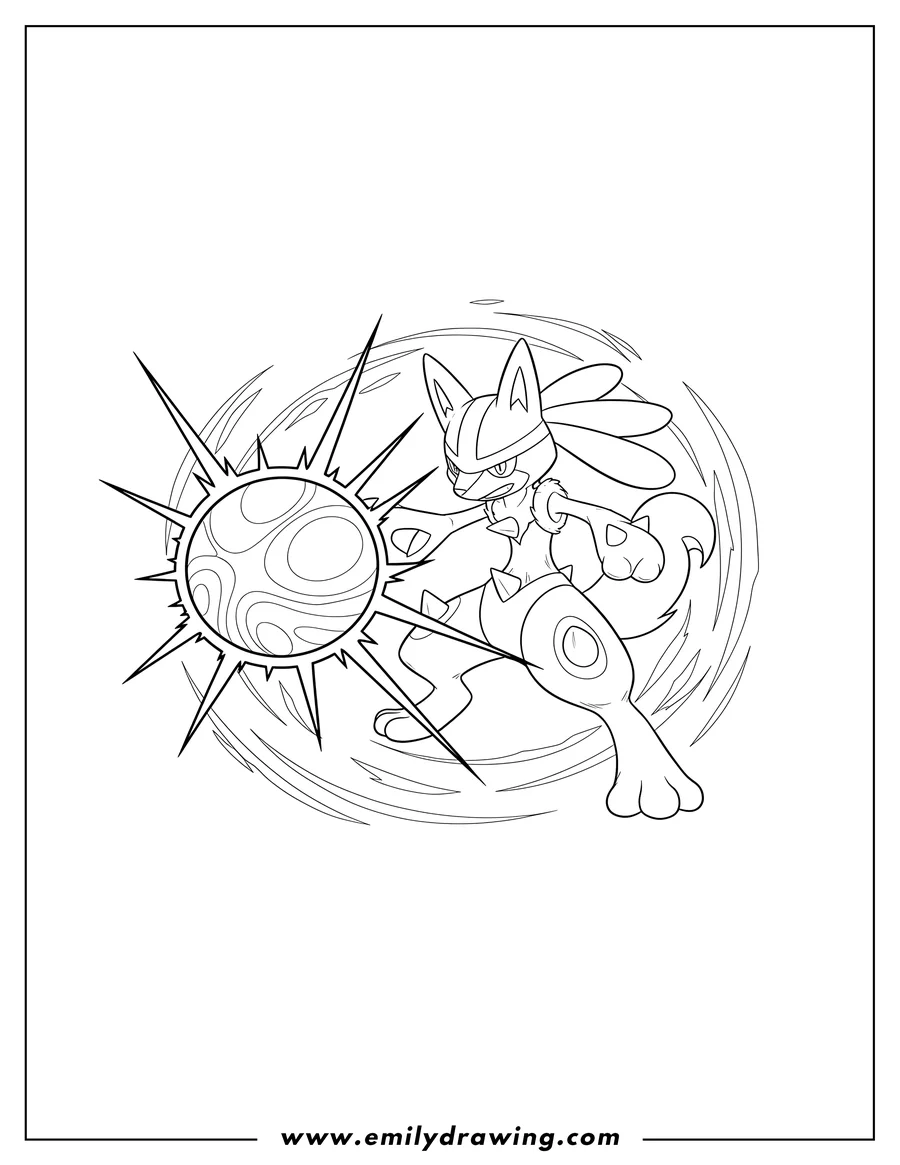 High quality printable aura Sphere Volley Lucario Pokemon Card, with Lucario in a dynamic pose unleashing a glowing energy sphere with radiating lines for coloring
