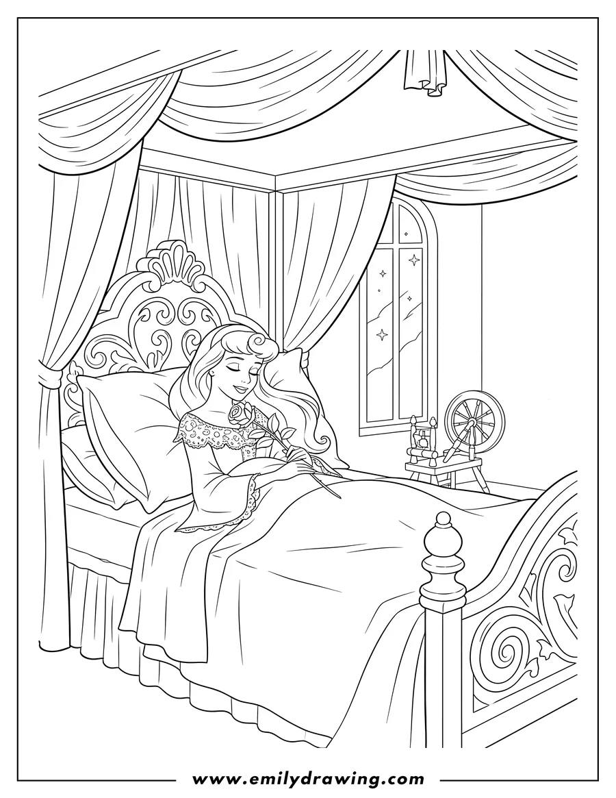 Full page coloring image of sleeping Beauty Disney Cover Image, Aurora sleeping in bed, holding a rose