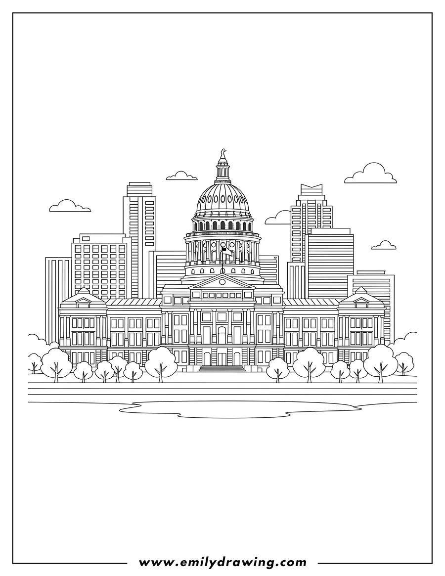 Doodle style coloring picture of austin Texas Capitol building and city skyline