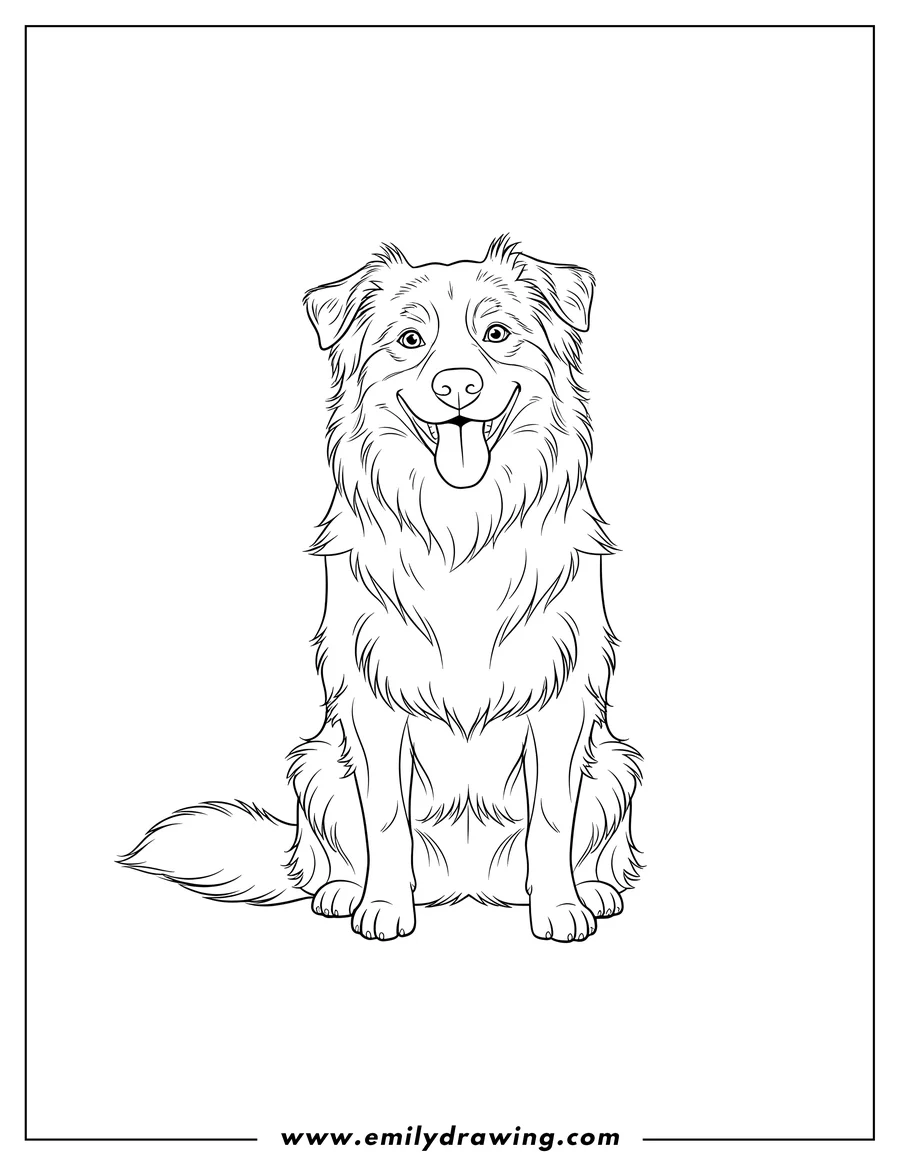 Doodle style coloring picture of australian Shepherd Dog With Tongue Out, sitting and smiling