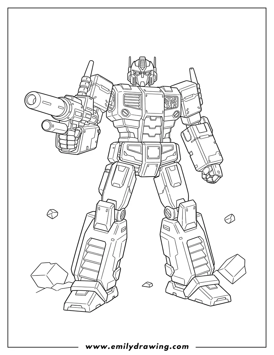 Doodle style coloring picture of autobot robot standing, holding a blaster, coloring page