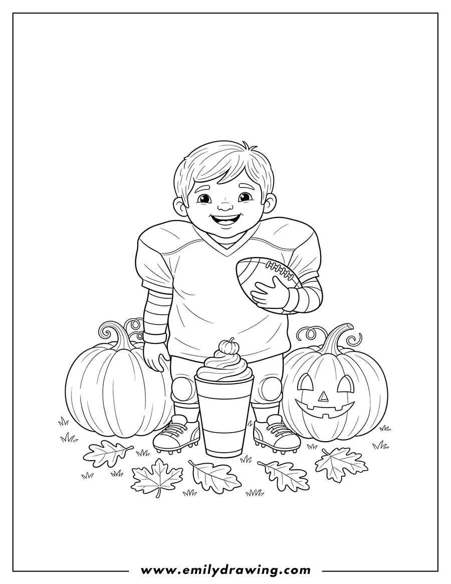 Coloring sheet featuring autumn Football with two pumpkins, a latte topped with whipped cream and a mini pumpkin, and scattered autumn leaves