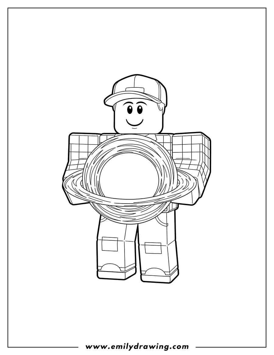 Coloring page for kids: roblox avatar smiling and holding a scaled black hole sphere