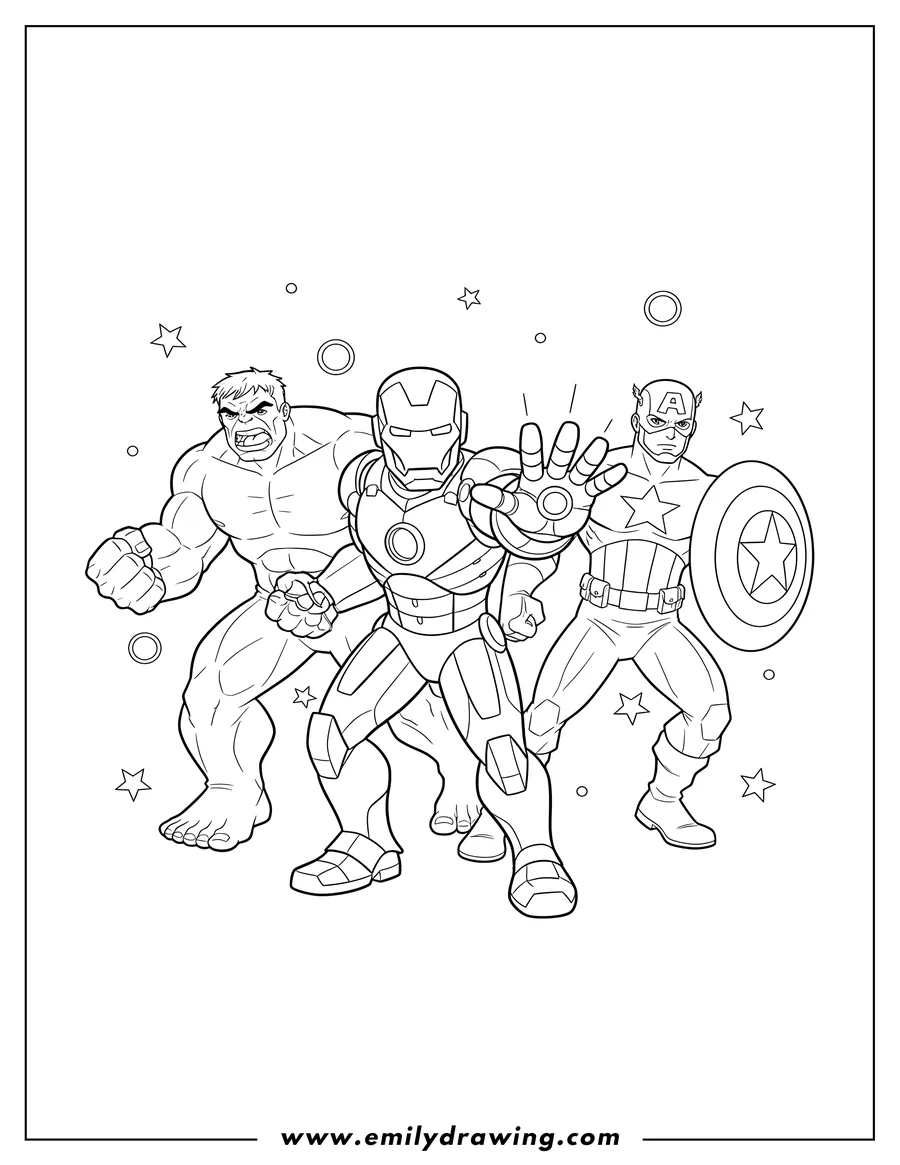 Printable line art of avengers Assemble To Color with Iron Man reaching out, Hulk, and Captain America