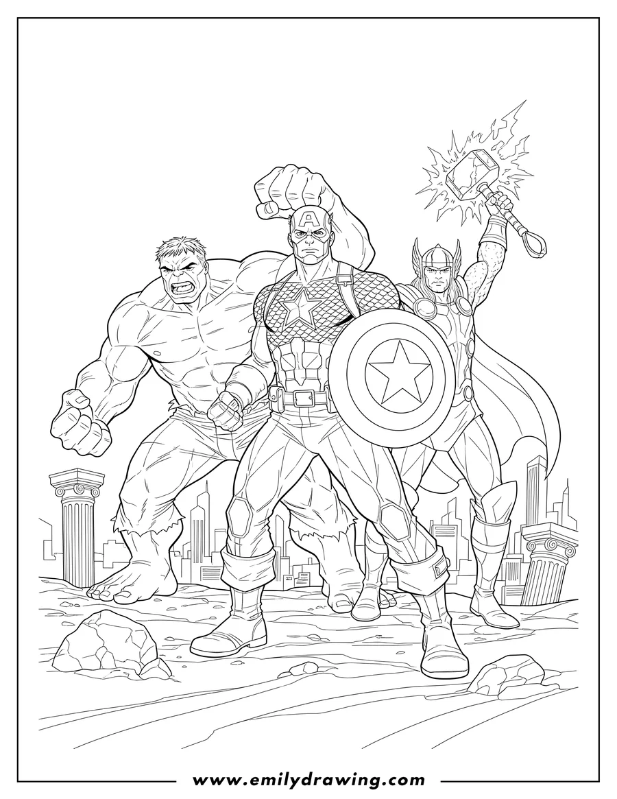 Coloring page for kids: avengers Assembled To Color, with Captain America holding his shield, Hulk roaring, and Thor wielding Mjolnir
