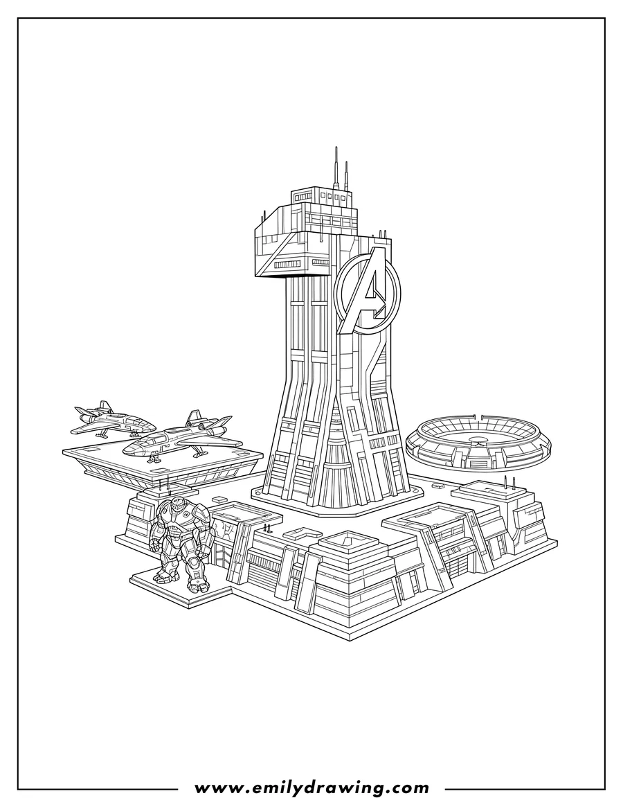 High quality printable avengers Compound, featuring the Avengers Tower with the 'A' logo for coloring