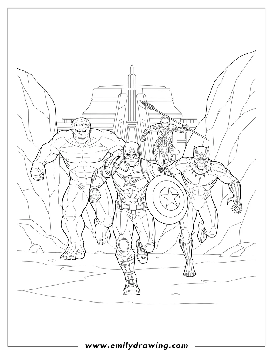 Doodle style coloring picture of avengers Running Led By Captain America, Black Panther, Hulk, and Okoye, Infinity War