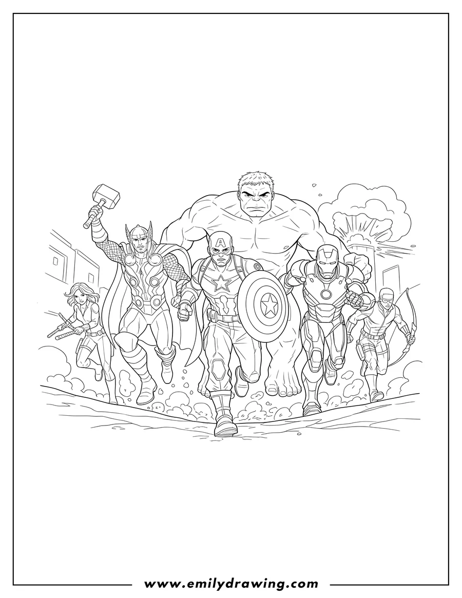Black and white line art of avengers Team running into action