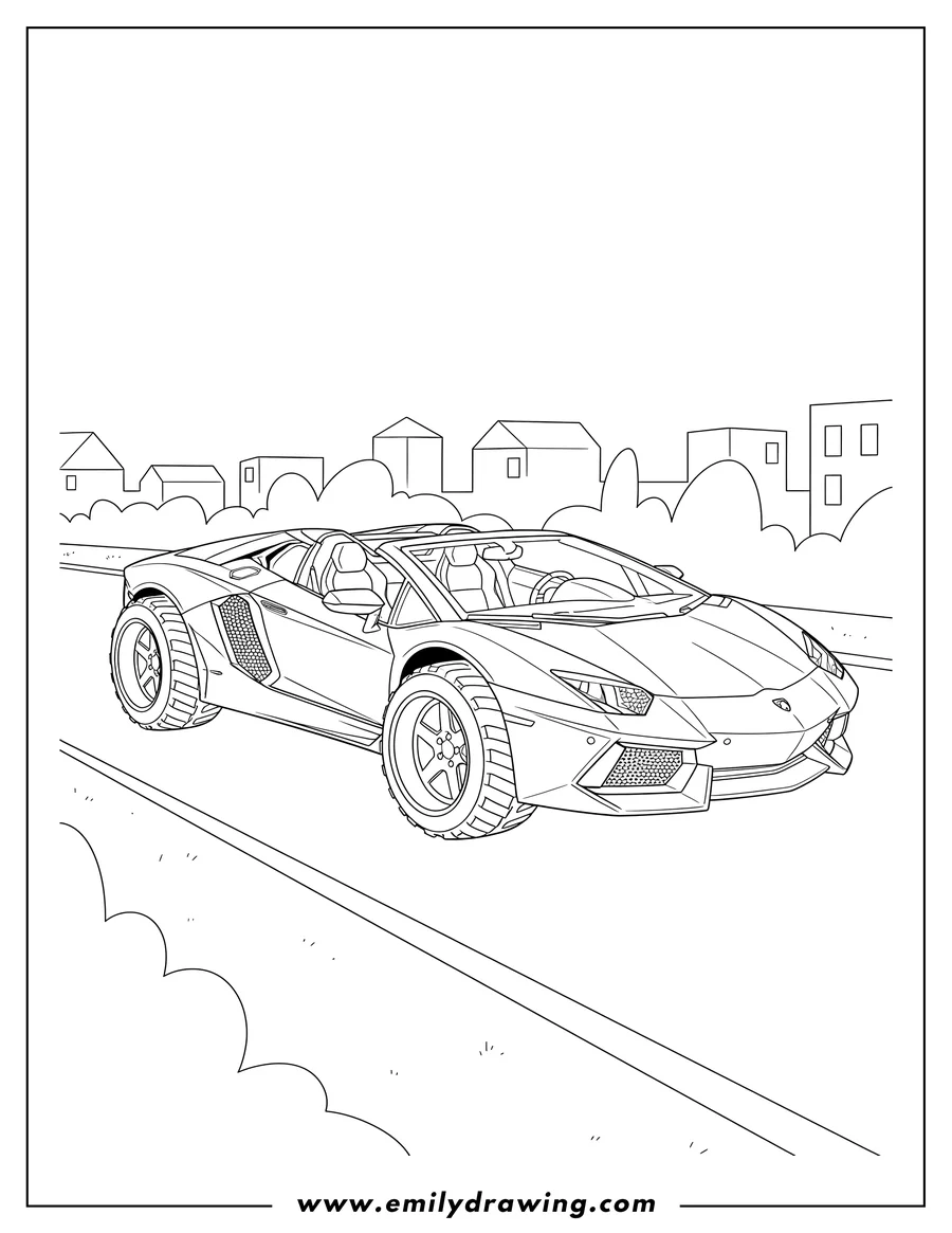 Coloring page for kids: lamborghini Aventador convertible with big wheels on a street, side-front view, coloring page