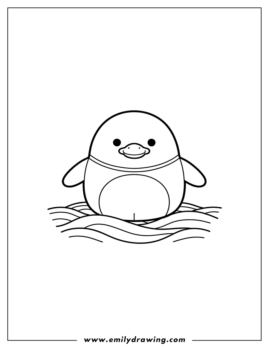 Simple sketch of avery Duck Squishmallow with small wings, sitting on wavy ground to color