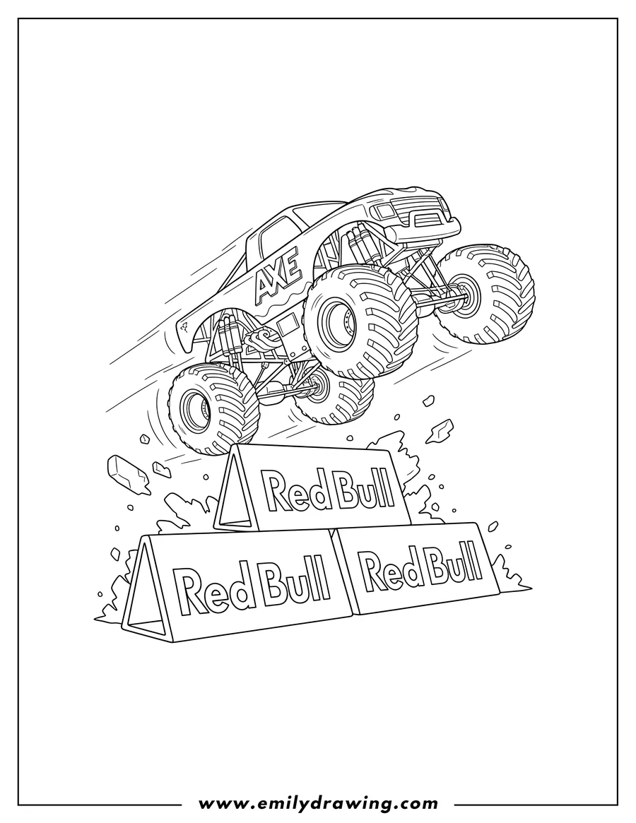 Simple sketch of monster Jam Axe Truck flying high over a Red Bull barrier to color