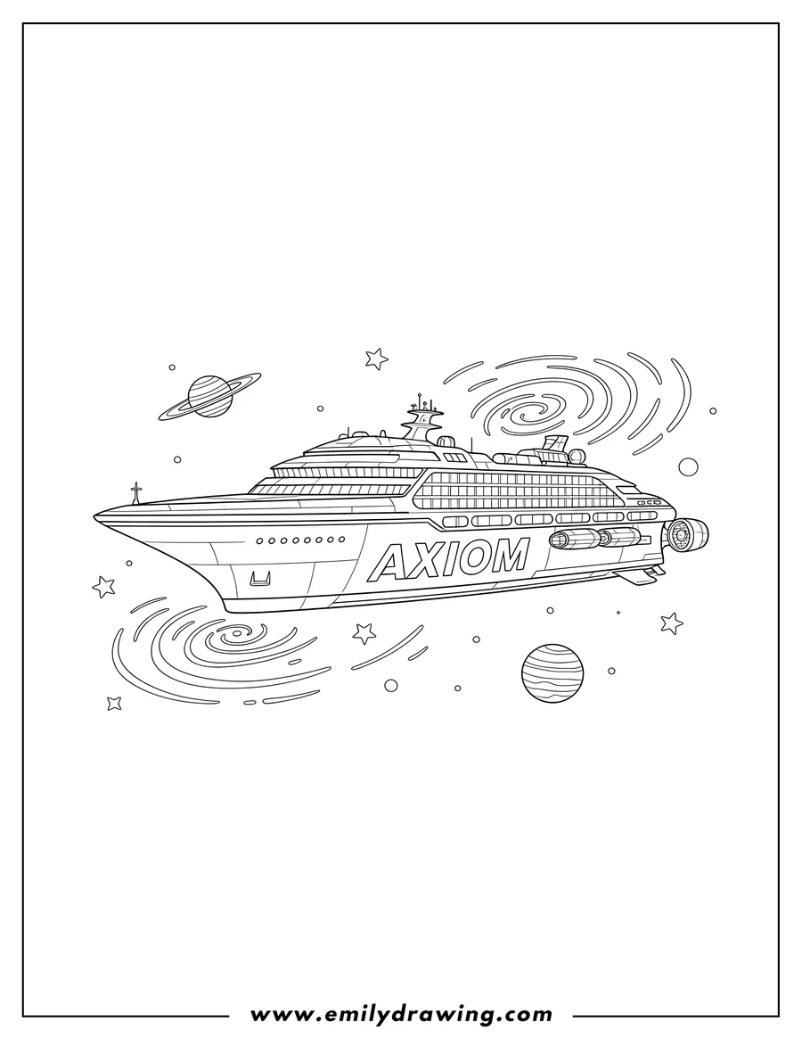 Outline drawing of axiom Cruise Ship with 'AXIOM' label in Outer Space