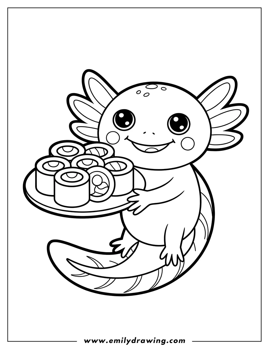 Outline of a smiling axolotl holding a tray of sushi rolls.