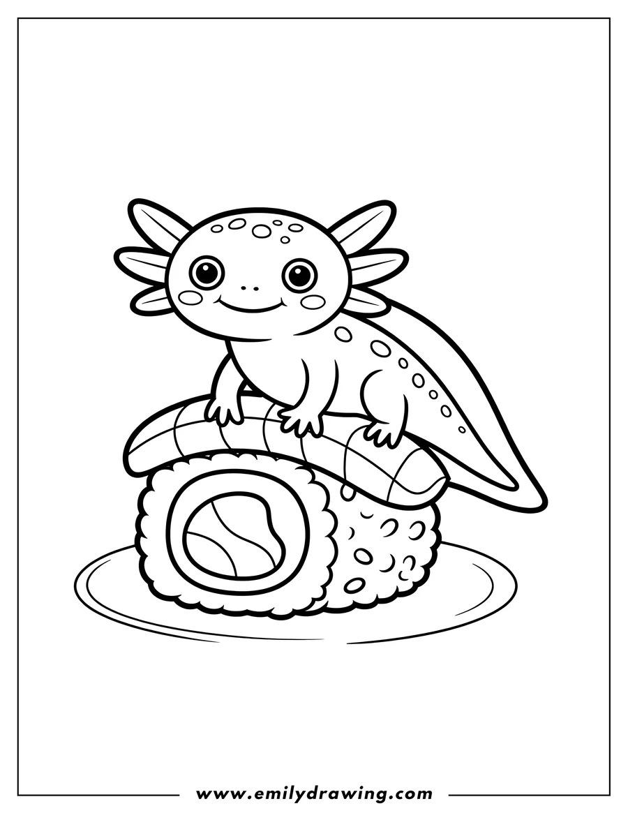 Line art of a cartoon axolotl sitting on top of a large sushi roll on a plate.