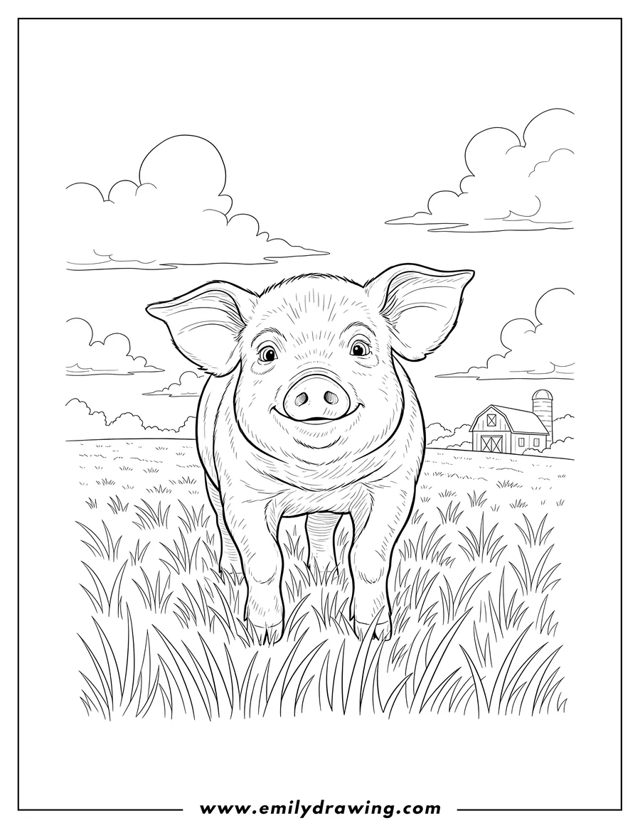 Doodle style coloring picture of babe Pig Walking in a Field, looking at the viewer with floppy ears