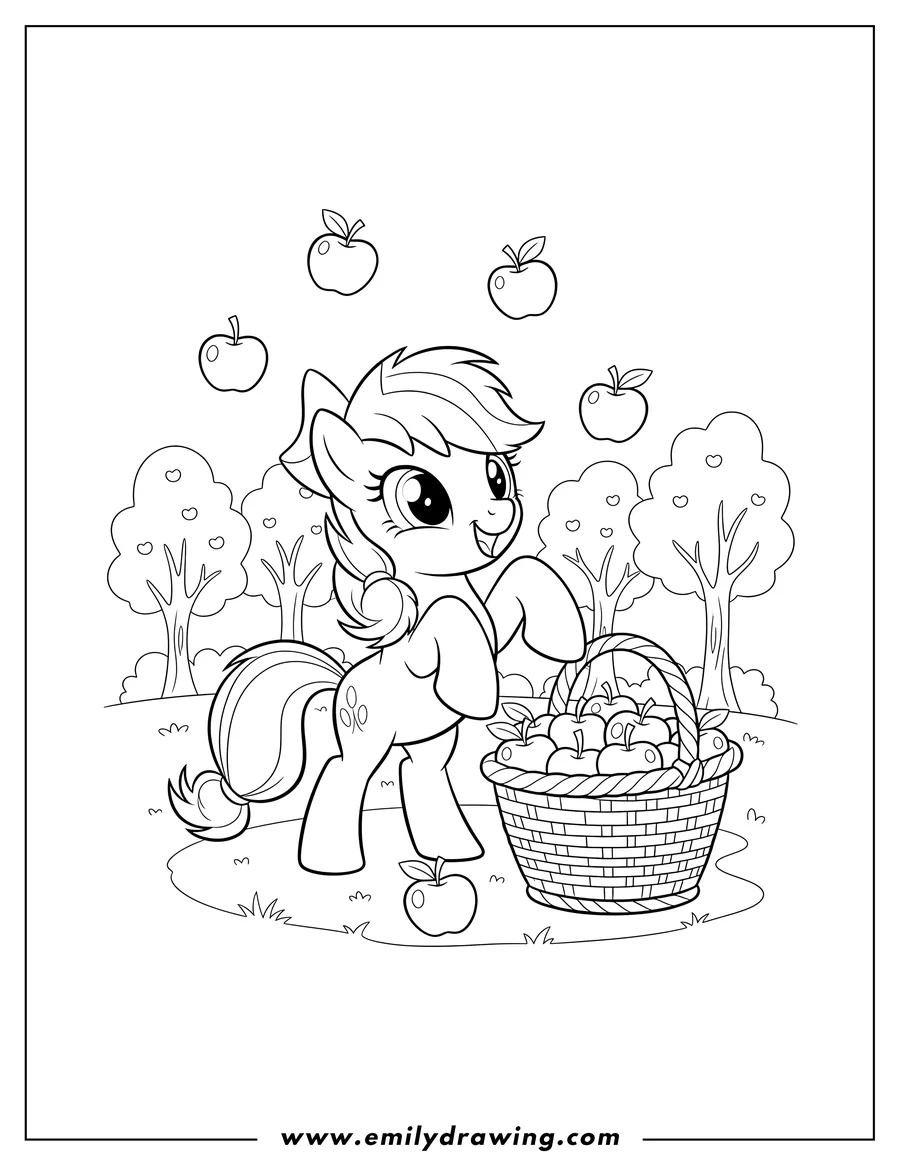 Vector style outline of baby Applejack excitedly catching falling apples near a full basket