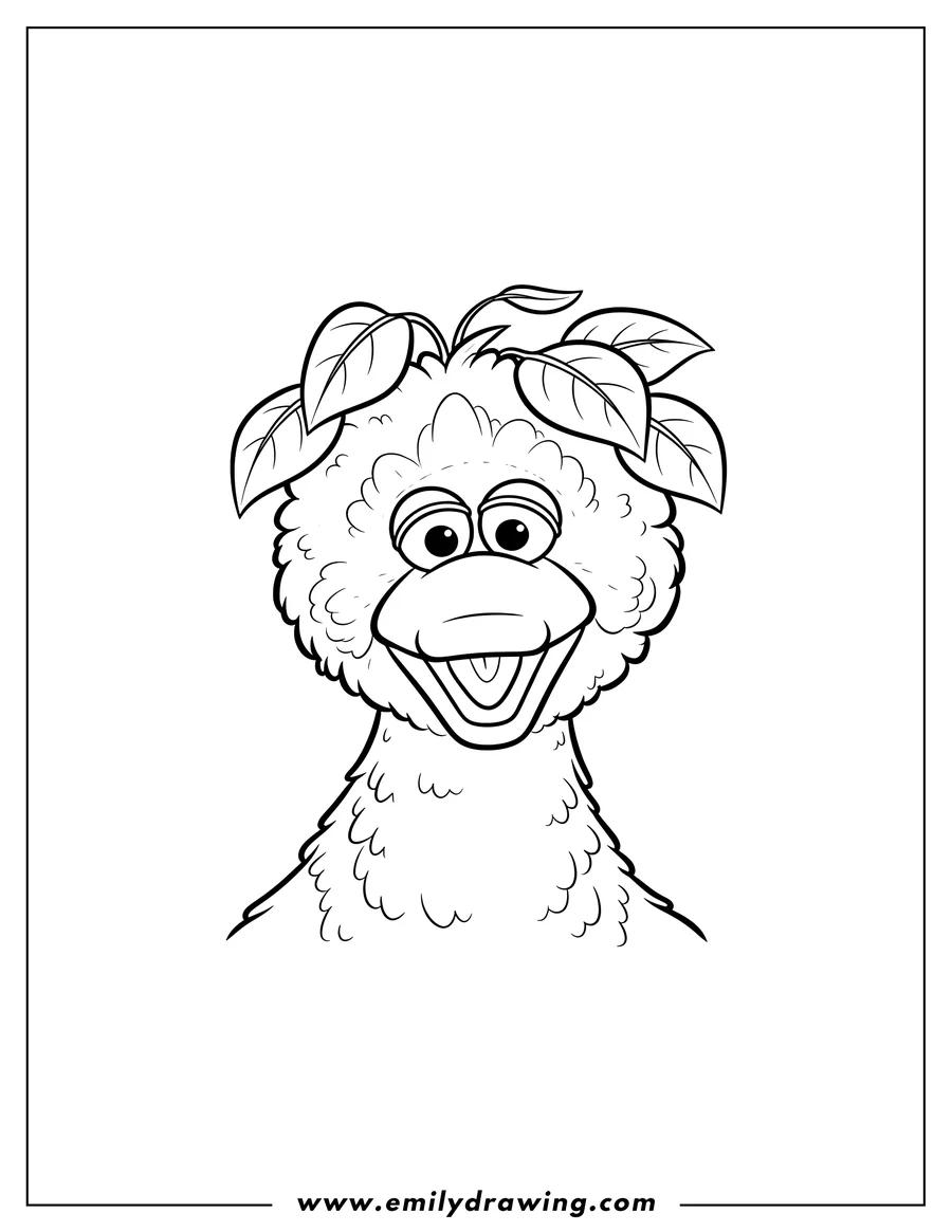 Clean line drawing: baby Big Bird smiling with leaves on his head