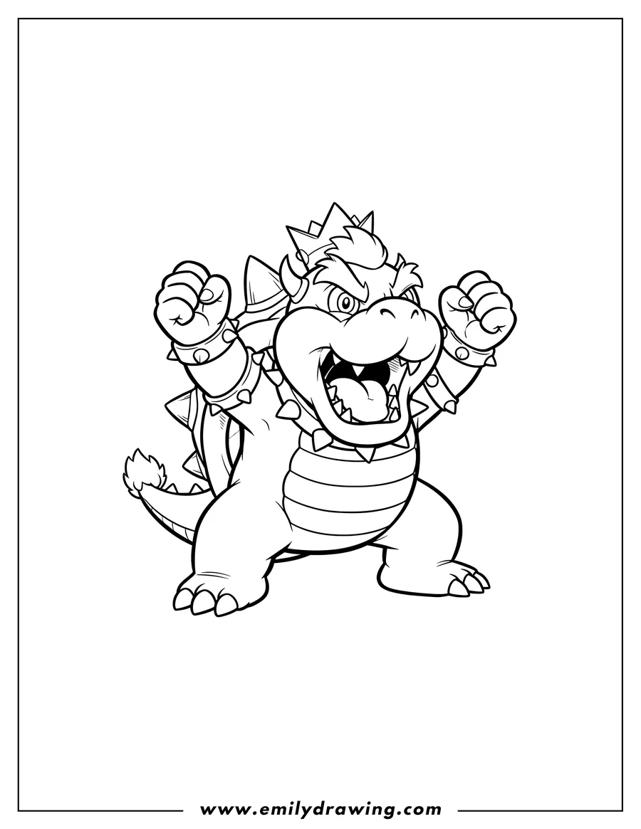 Simple sketch of baby Bowser with spiky shell, roaring with raised arms to color