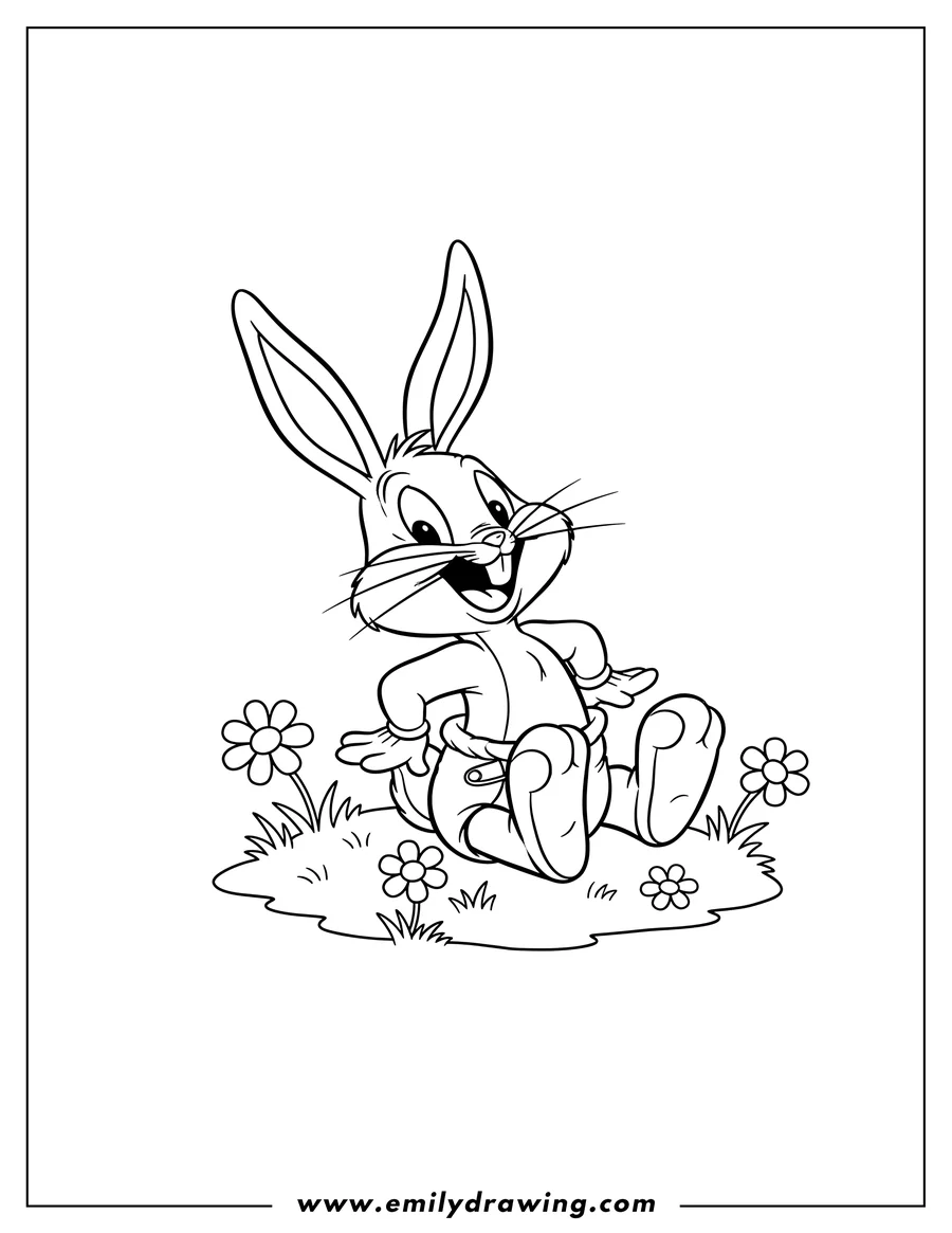 Outline drawing of baby Bugs Bunny wearing a diaper, giggling in grass