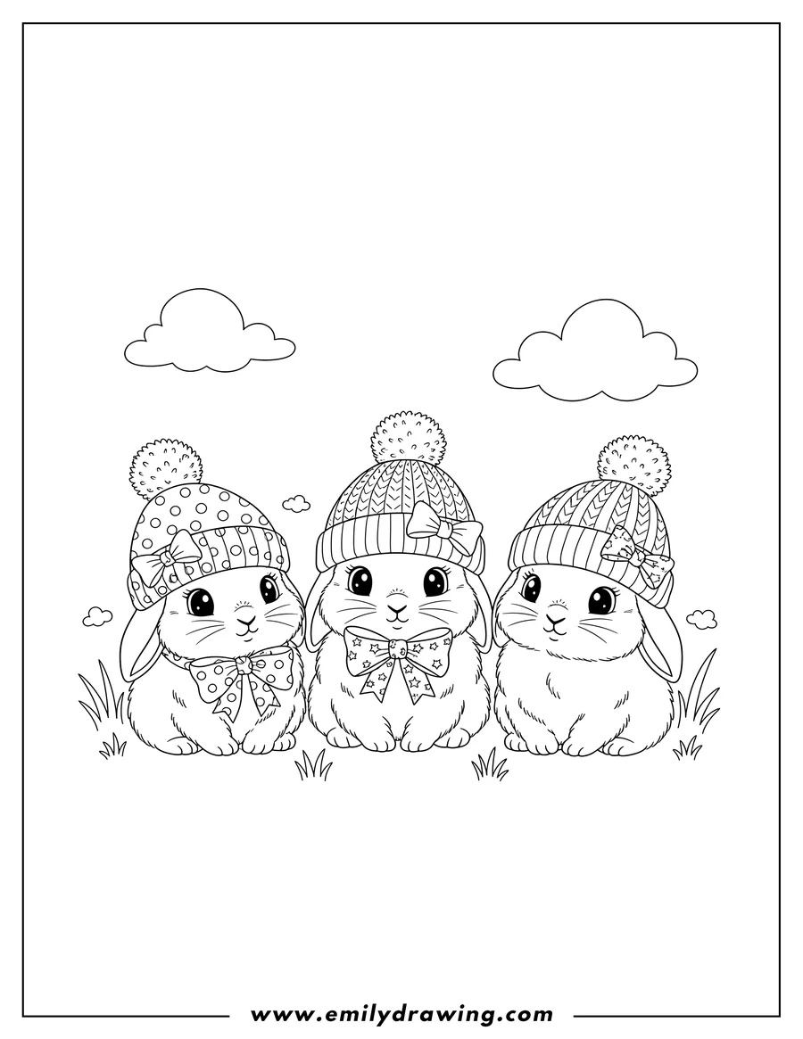 Simple sketch of baby Bunnies Wearing Beanies, sitting, with bows and pom-poms to color