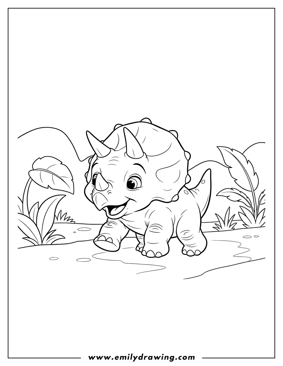 Vector style outline of land Before Time Baby Cera walking happily