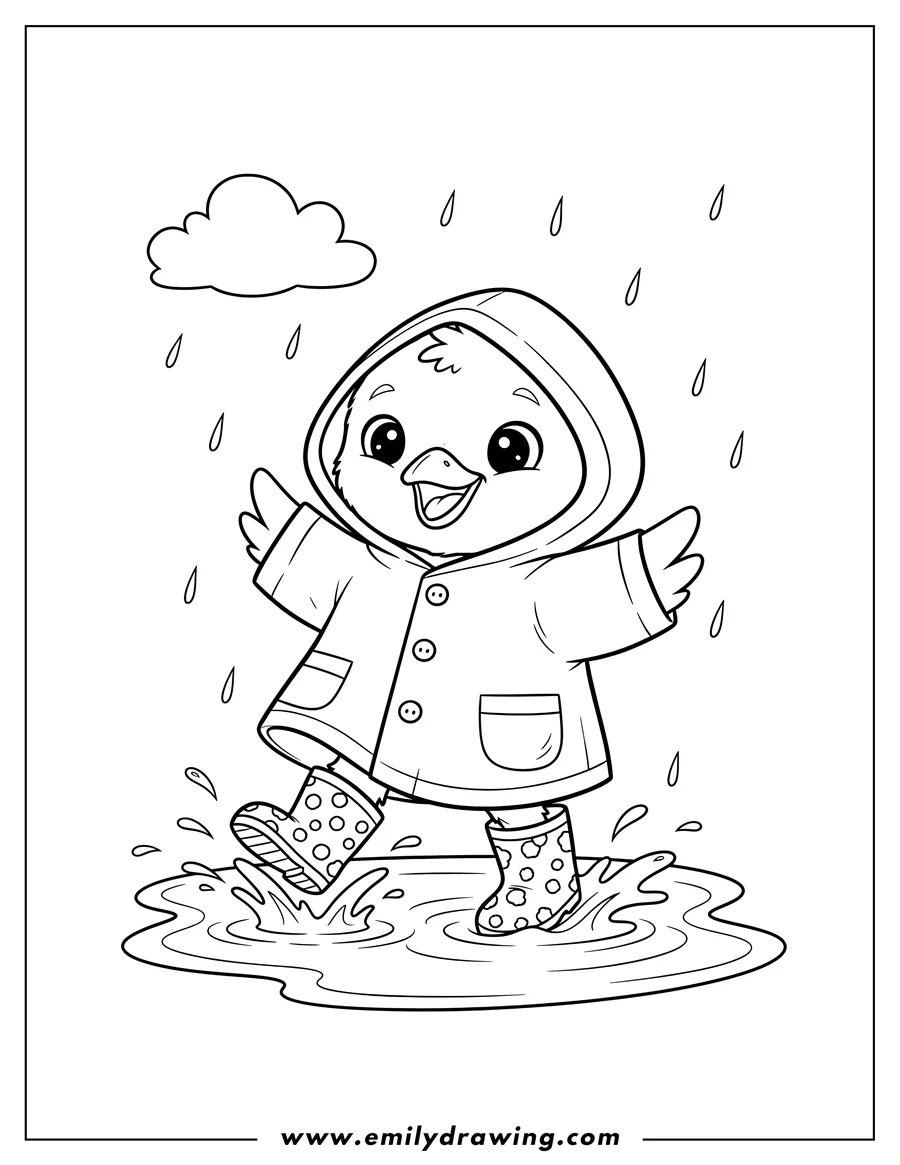 Vector style outline of baby Chick wearing a hooded raincoat and rain boots, happily splashing in a puddle