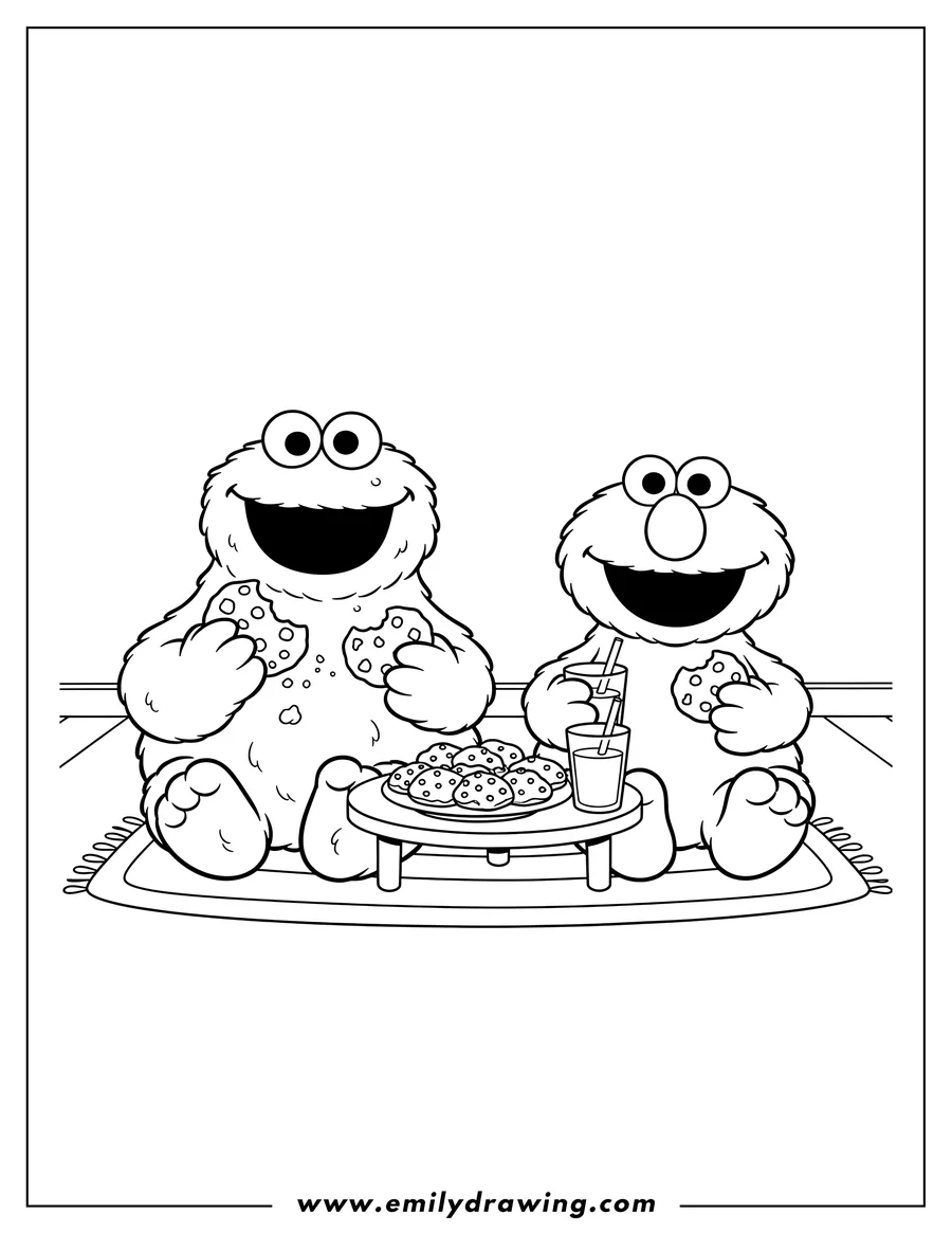 High quality printable baby Cookie Monster And Elmo sitting and smiling with cookies and milk for coloring