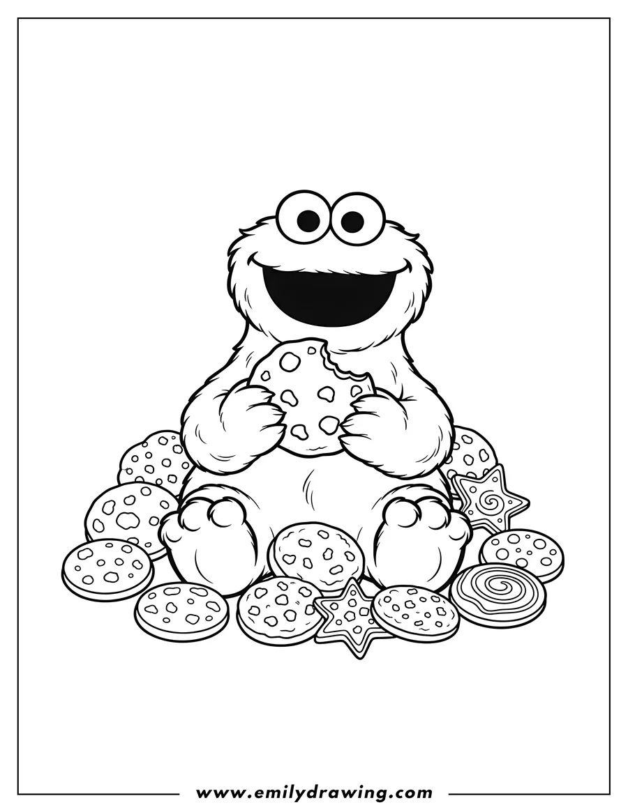 Full page coloring image of baby Cookie Monster sitting, smiling, and holding a cookie, surrounded by cookies