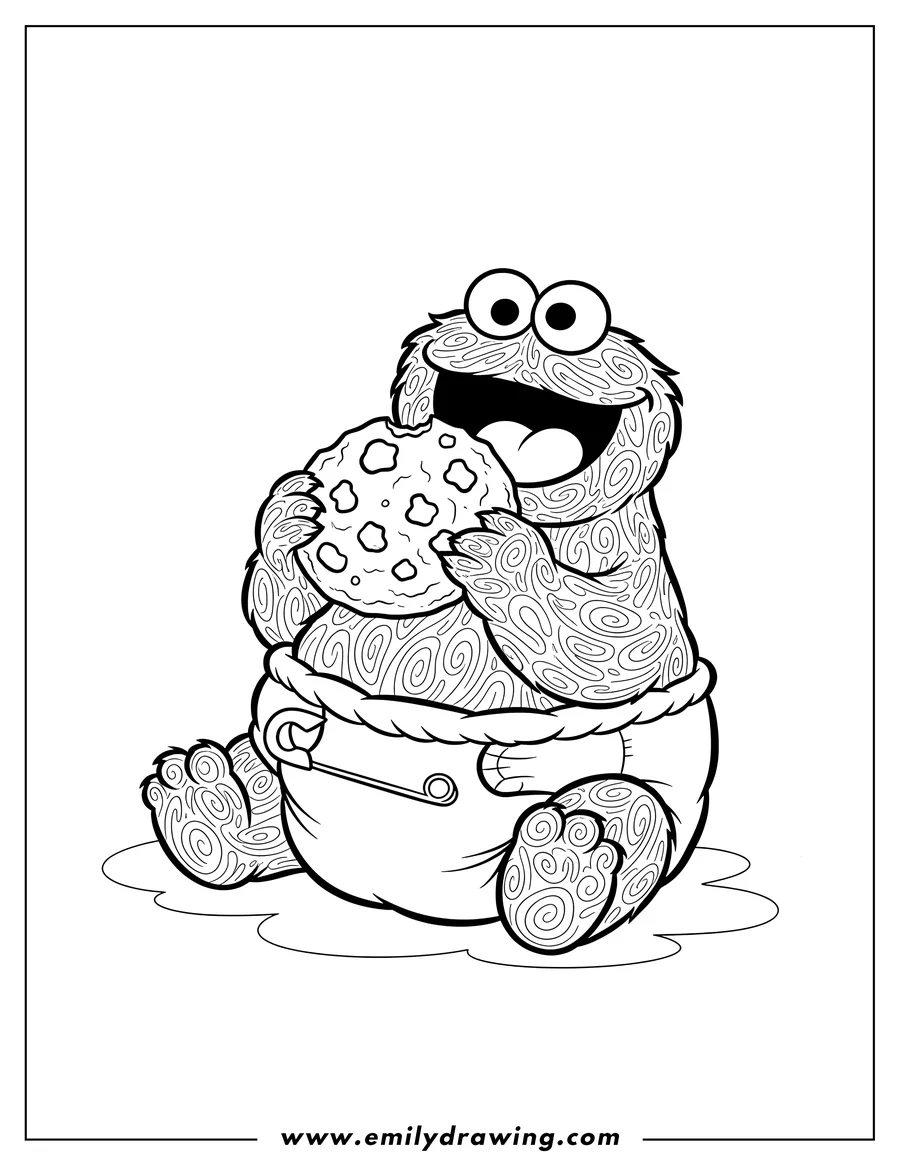 Printable coloring page of baby Cookie Monster sitting, wearing a diaper, holding a cookie to its mouth