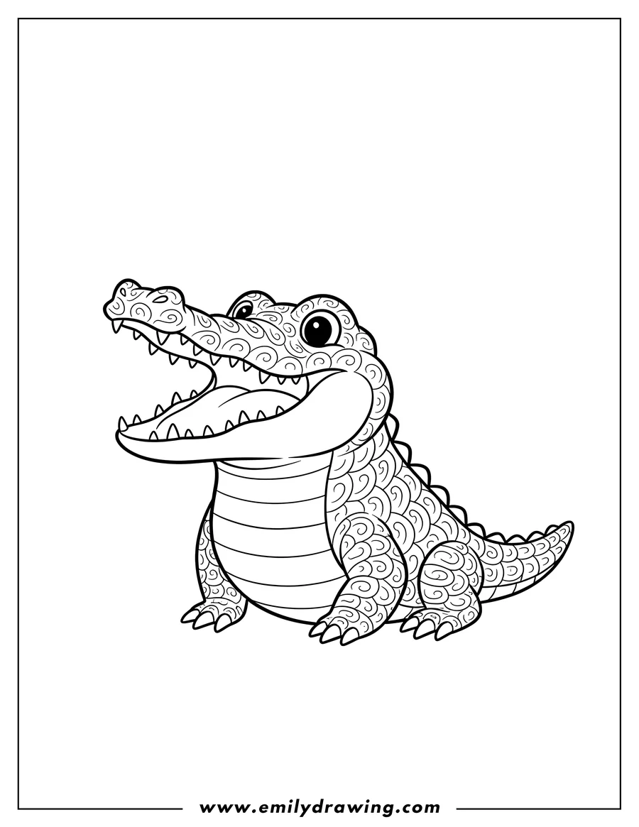 Linear illustration of baby Crocodile Scaled, mouth open with sharp teeth