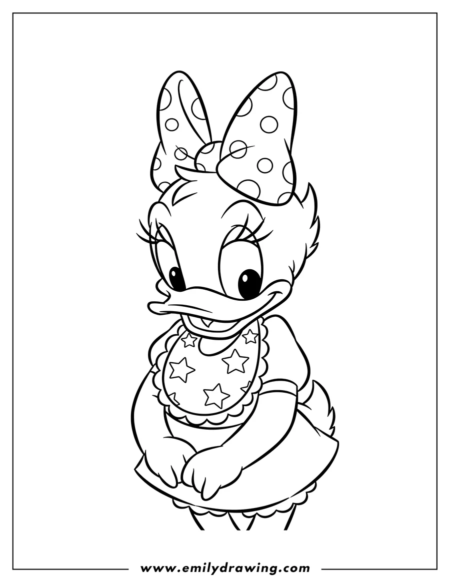 Simple sketch of baby Daisy Duck preschooler wearing a large bow and a bib, looking down curiously to color