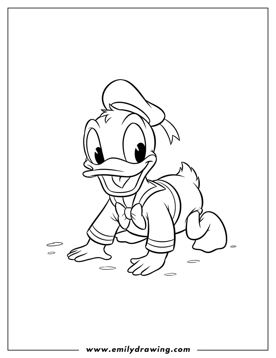 Coloring sheet featuring baby Donald Duck crawling, smiling with tongue out