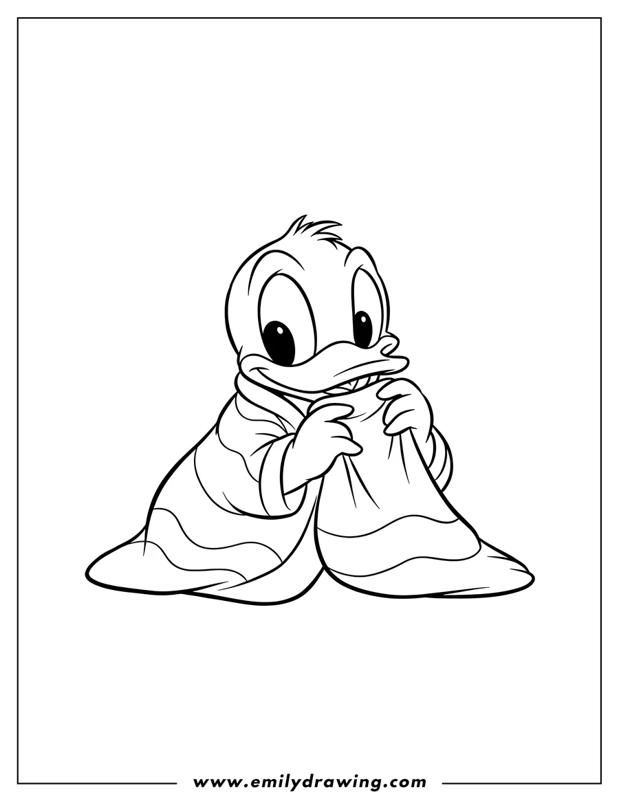 Simple sketch of baby Donald Duck under a blanket, peeking out and holding it to color