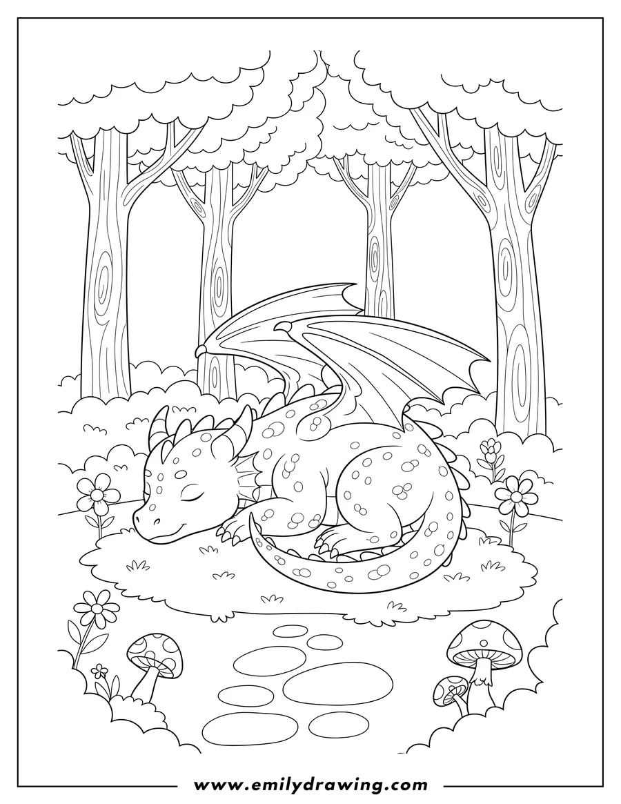 Vector style outline of baby Dragon with Wings Lying Down in a Forest To Color