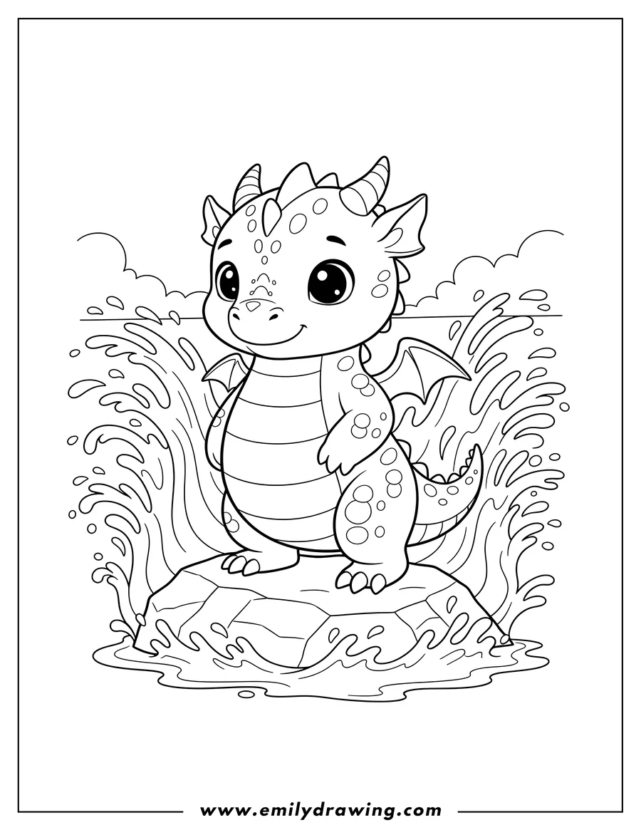 Simple sketch of A cute baby dragon with small wings and horns standing on a rock with water splashing behind it to color
