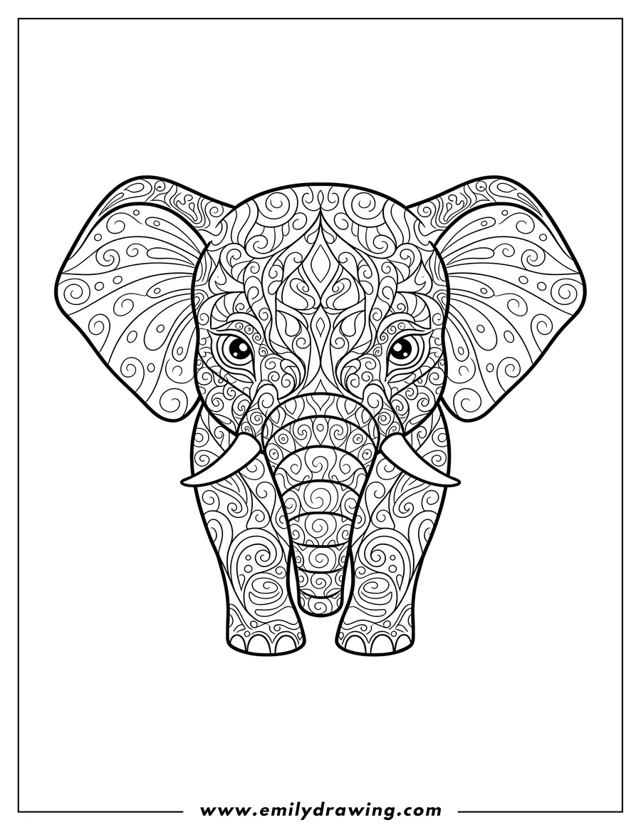 Coloring page for kids: baby Elephant Head Zentangle, facing forward, with tusks, black and white line art