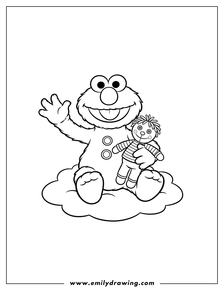 Coloring sheet featuring baby Elmo sitting, holding a doll, and waving