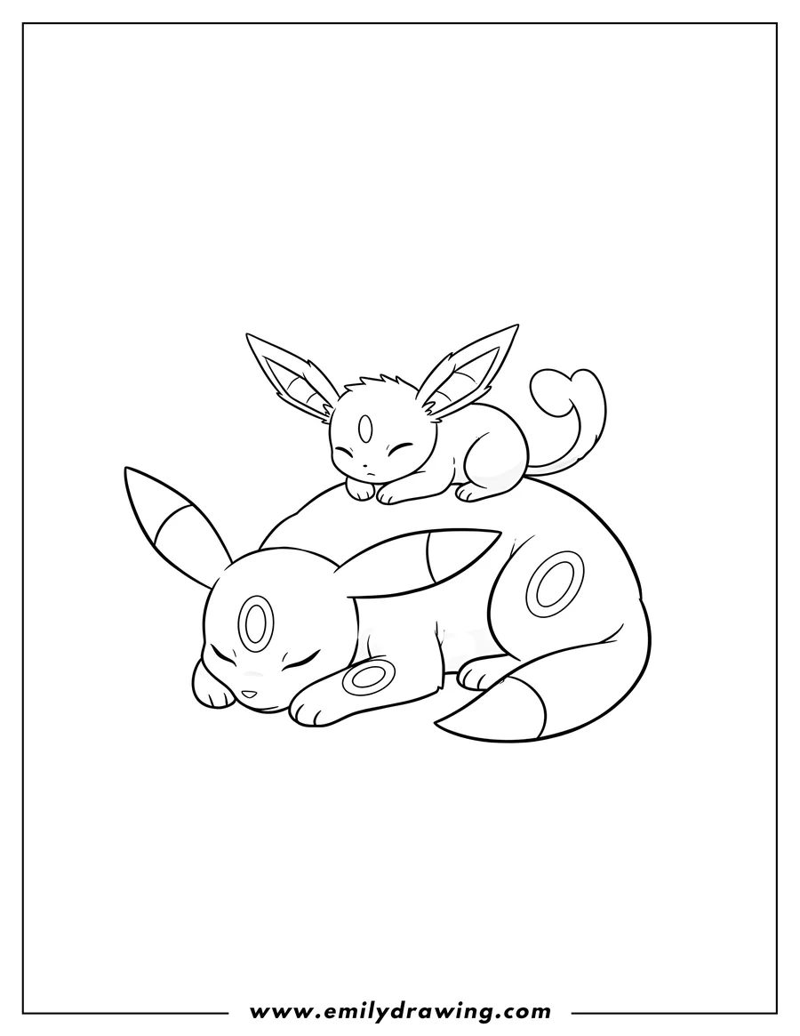 Outline drawing of baby Espeon cuddling on sleepy Umbreon's back, Espeon with a heart-shaped tail