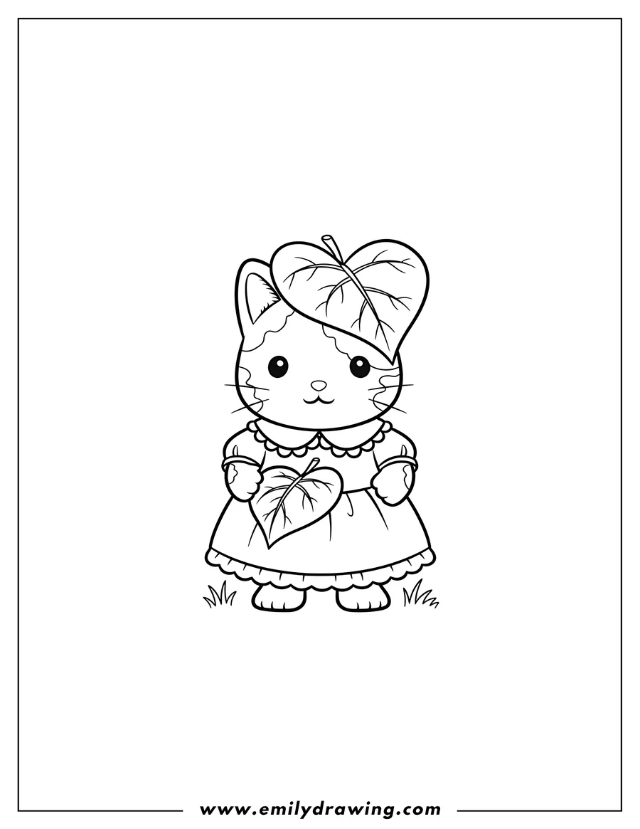 Free to print drawing of calico Critters Baby Gilly wearing a dress, with a leaf on its head, and holding a leaf