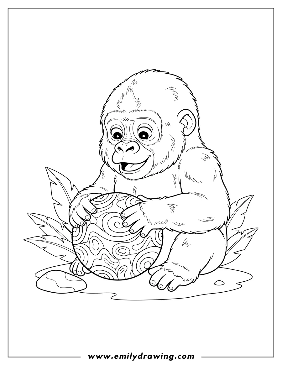 Printable line art of baby Gorilla sitting, playing with a ball