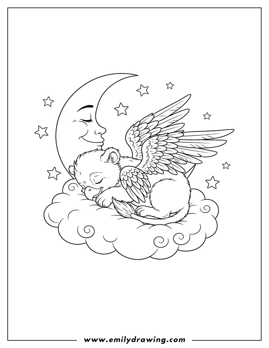 Free to print drawing of baby Griffin curled up sleeping on a cloud with moon and stars