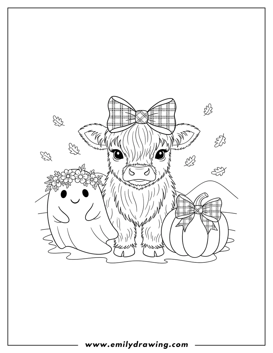 PDF style coloring page: cute Baby Highland Cow wearing a plaid bow on its head, next to a plaid bow pumpkin, and a ghost friend wearing a floral wreath