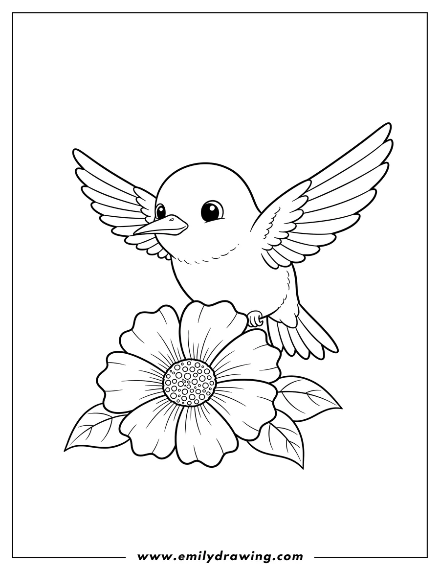 Printable coloring page of baby Hummingbird with spread wings hovering above a large, open flower with a prominent center