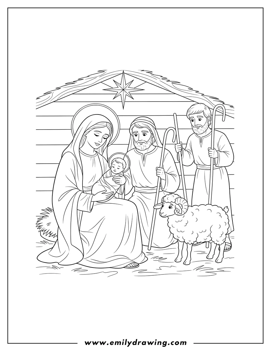 Printable coloring page of baby Jesus with Virgin Mary holding him, Joseph, two shepherds, and a sheep looking on